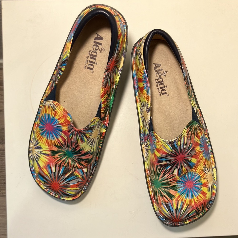 Alegria Multicolor Leather Firework Print Slip-On Clogs Sz 42